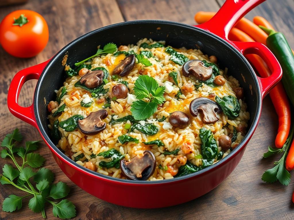 Skillet Spinach, Mushroom & Wild Rice Casserole